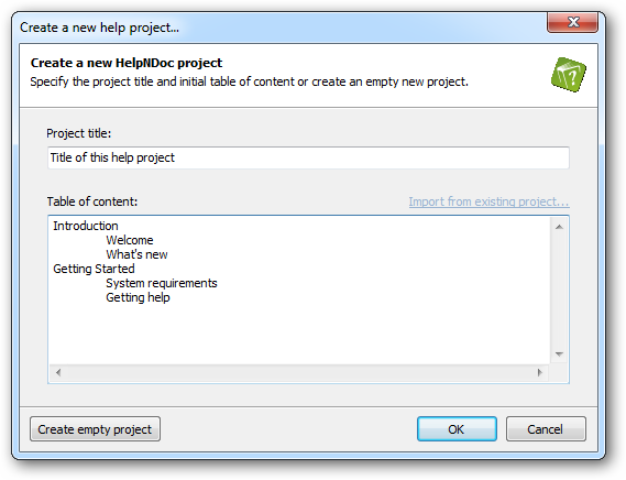 HelpNDoc new project wizard