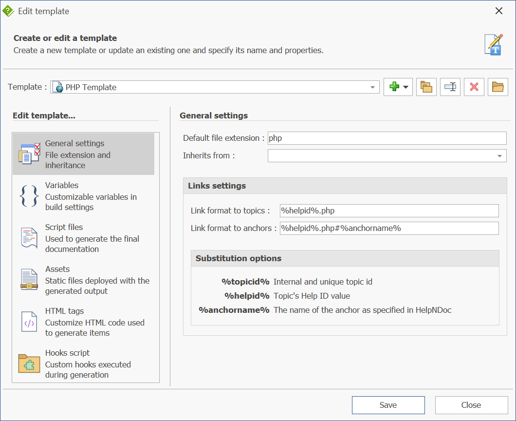 Editor de plantillas de HelpNDoc con código PHP