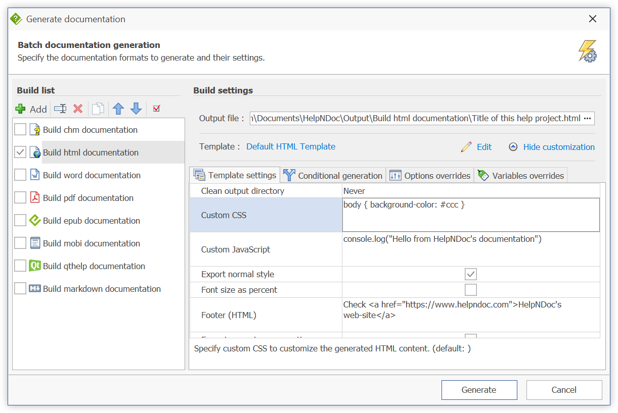 helpndoc pdf settings