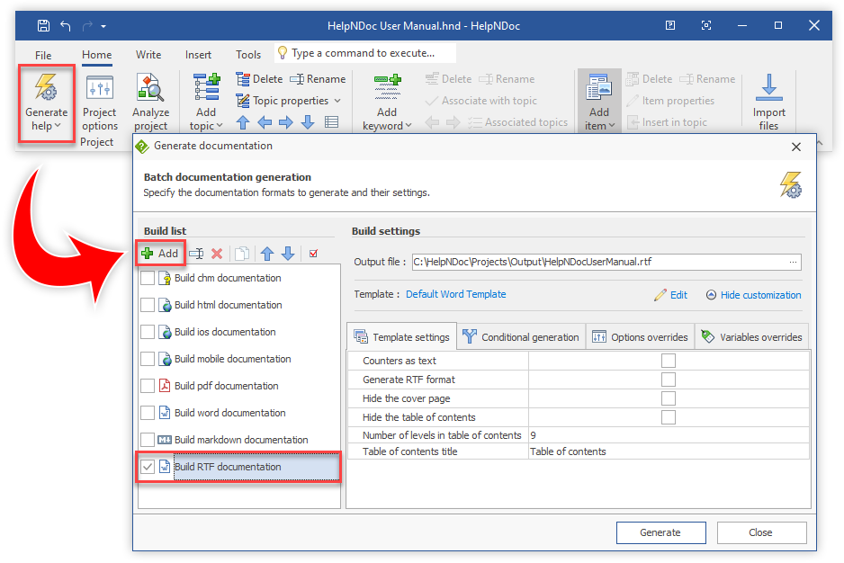 Erstellen einer RTF-Datei (Rich Text Format-Datei) aus Ihrem Dokumentationsprojekt mit dem Hilfe-Entwicklungstool HelpNDoc