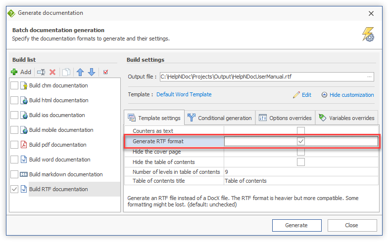 Generar formato de documentación RTF