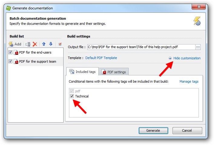 Customize builds to include conditional sections