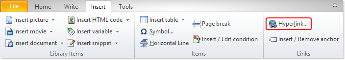 Create an hyperlink using the ribbon tab