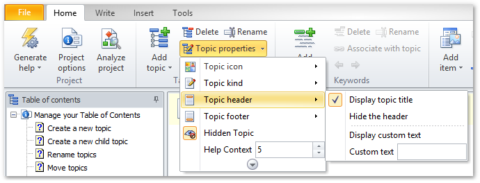 How to define a header for a topic in HelpNDoc